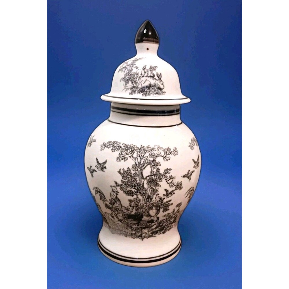 VTG Chinese Dechang Taoci Porcelain Vase & Lid Urn White Black Roosters Birds